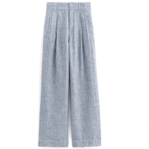 Everlane Linen Way-High Drape Pant 14 Wide Leg Pleated Blue Pinstripe Chambray - Picture 4 of 16